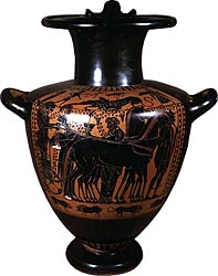 Black-Figure Hydria (Water Jar) with scenes of Herakles Painted in the manner of the Antimenes Painter, Greek, Attic, late Archaic Period, ca. 520-510 B.C. Terracotta. 20 1/8 x 13 3/8 in. (51.2x33.2cm). Carlos Collection of Ancient Greek Art. 1984.8